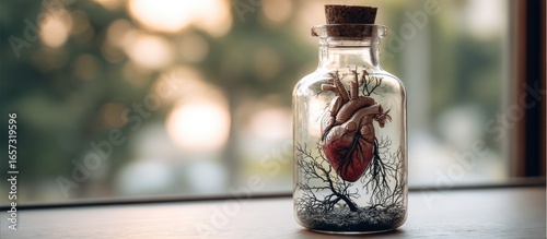 Anatomical heart model preserved in a glass jar with cork stopper, nestled among dark, twig-like elements on a windowsill