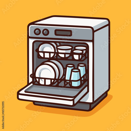 Cartoon Dishwasher With Clean Plates Vector