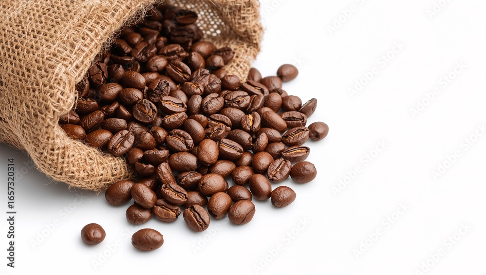 Fototapeta premium Roasted coffee beans spilling from a brown burlap sack on white