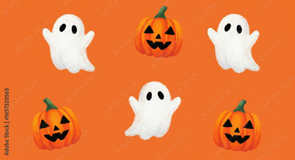 Obraz premium Halloween background, solid orange color base, oil paste illustrations of cute ghosts and pumpkins, soft pastel texture, playful minimal style