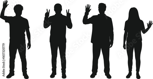 Silhouette of people raising hands, showing gestures, men and women standing, group communication, social interaction, unity, greeting concept, black