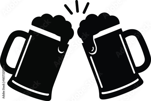 Two beer mugs clinking together in a celebratory toast, showing bubbles. Celebration with Oktoberfest Food and Drink
