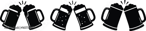 Three pairs of beer mugs clinking together in a celebratory toast, depicted in black silhouette. Celebration with Oktoberfest Food and Drink
