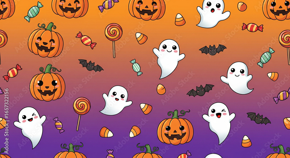 Fototapeta premium Seamless Halloween background, gradient orange to purple, cute cartoon pumpkins, ghosts, bats, candies, kawaii doodle style, playful seamless pattern, HD, 16:9