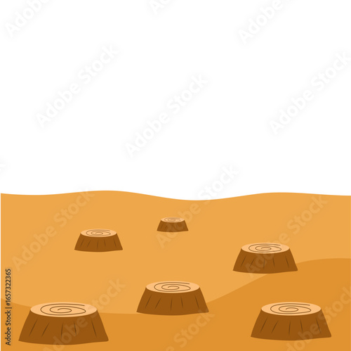 Deforested Area With Tree Stumps. Vector Illustration. 