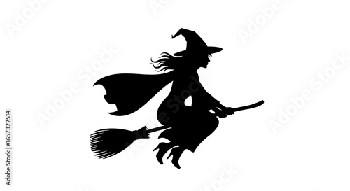 A silhouette of a witch wearing a hat and cape flying on a broomstick against a white background space