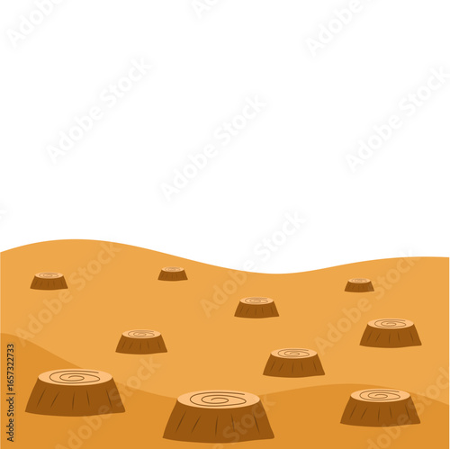Deforested Area With Tree Stumps. Vector Illustration. 