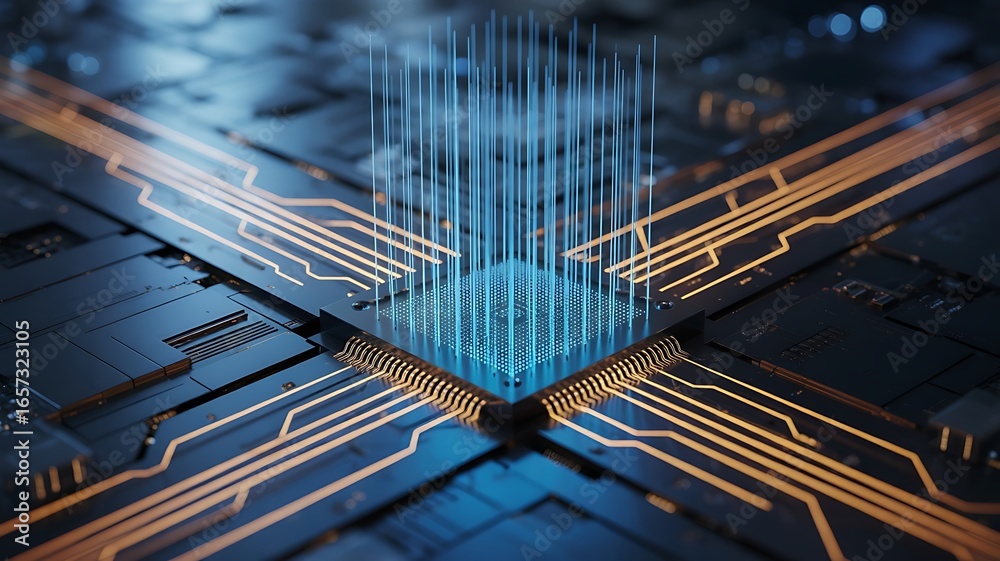 Fototapeta premium Glowing microchip with blue light rays and orange circuits