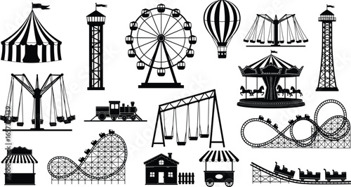 Amusement park silhouette icons set, carnival rides, roller coaster, Ferris wheel, carousel, swing, fairground attractions, vector illustration collection.