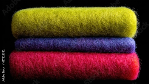 Stack of three vibrant, fuzzy, rolled blankets in lime, purple, and crimson