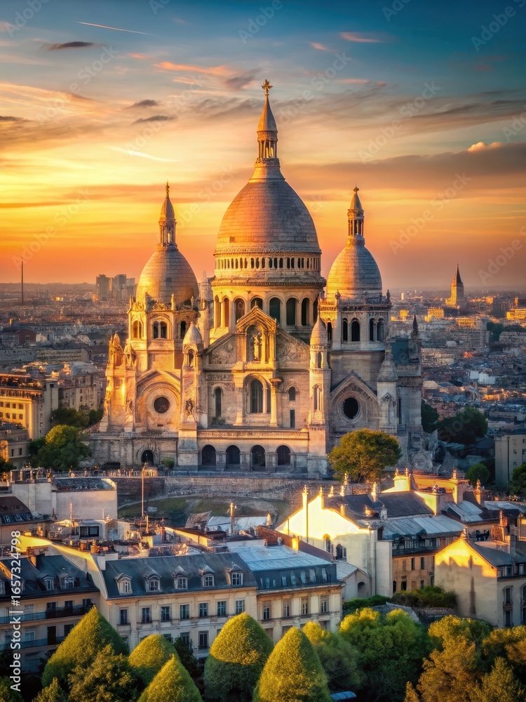 Naklejka premium Panoramic view of the Basilica of the Sacred Heart of Paris at sunset