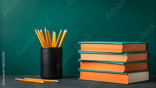 Stack of teal and orange hardcover books with yellow pencils in black holder against a green background.