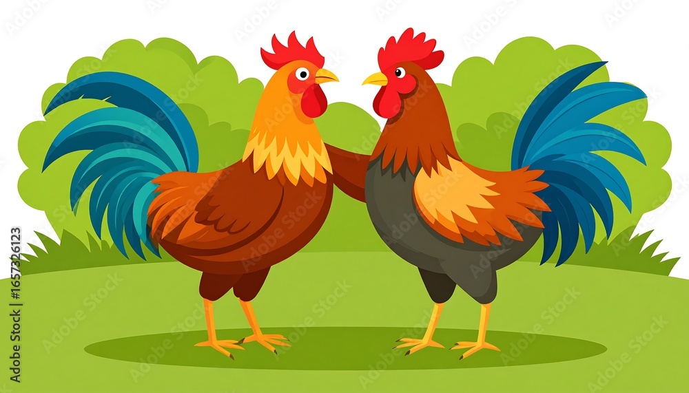 Fototapeta premium Two friendly roosters in a grassy field