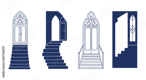 Gothic style staircases with ornate doors and windows