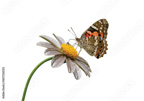 A detailed close-up of a painted lady butterfly perched on a delicate daisy flower against a white background.