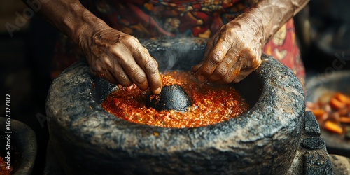 Wallpaper Mural Elderly Person Grinding Spicy Red Sauce in Traditional Stone Mortar Torontodigital.ca
