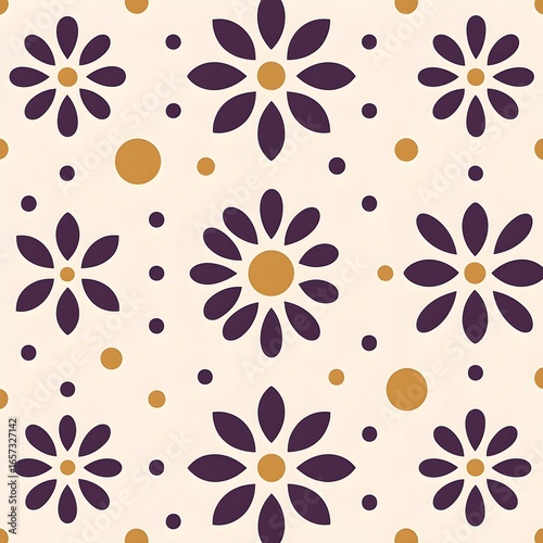 Daisy grid seamless pattern – purple petals & gold dots | ลายดอกเดซี่ต่อเนื่อง โทนม่วง–ทอง