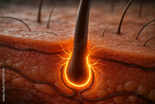 Close-Up of Human Hair Follicle and Scalp with Fine Hair Strands, Skin Texture, and Advanced Hair Growth Illustration for Medical, Dermatology, and Hair Care Industries