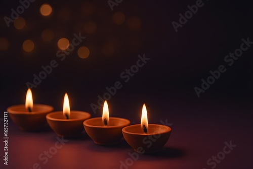 Four clay oil lamps on dark background with copy space | ตะเกียงดิยาแถวสี่ดวง มีพื้นที่ว่างสำหรับตัวอักษร