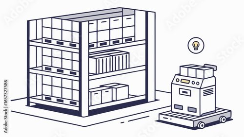 Automated warehouse system illustration featuring shelves with boxes and a robot transporting goods for efficient inventory management