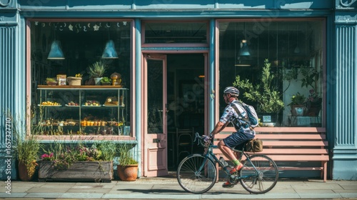 A cheerful shot of a cyclist arriving at a scenic cafe, with their bike parked outside. The image is about the social rewards of cycling.