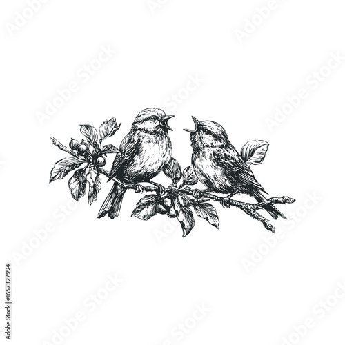 Wallpaper Mural Two sparrows perched on a branch with leaves and berries singing Torontodigital.ca