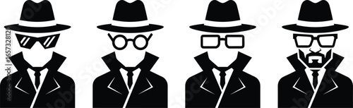 Spy icons in trench coat and hat with sunglasses, glasses, beard, detective silhouette characters, secret agent vector illustration