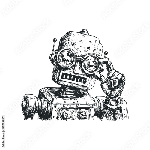 Hand Drawn Ink Sketch of a Vintage Robot with Goggles