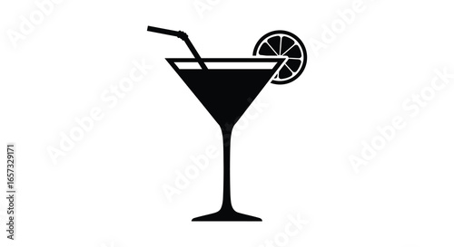 Black silhouette of a martini glass with lime and straw