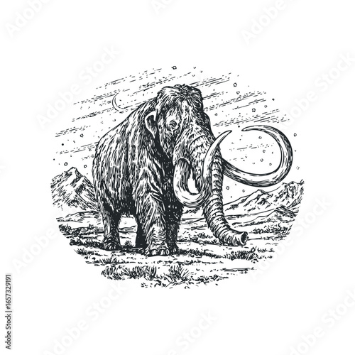 Mammoth Standing in a Grassy Landscape Under a Crescent Moon and Stars
