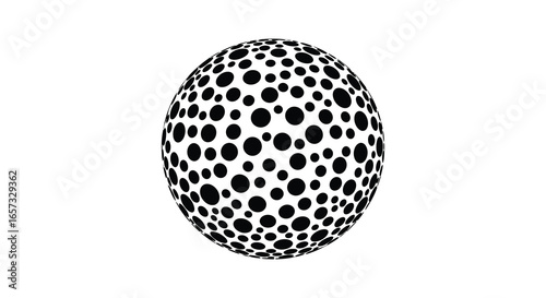 Black and white sphere with various sized black dots on surface