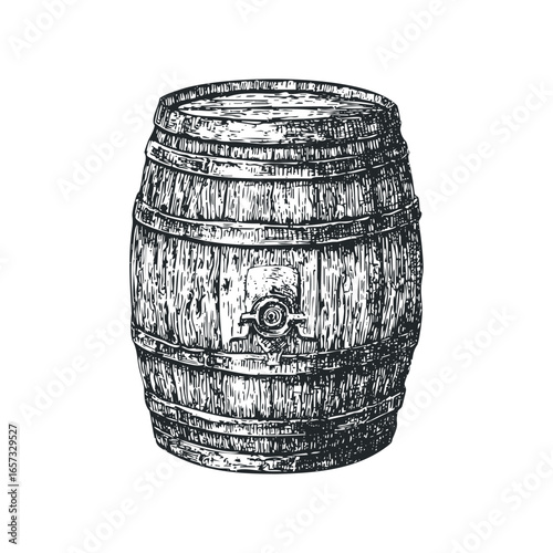 Wooden barrel with metal hoops and tap engraving