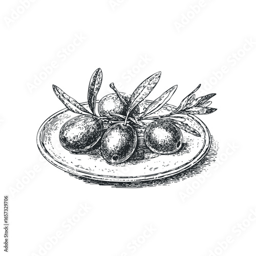 Hand Drawn Olive Sprigs with Fruit on a Plate