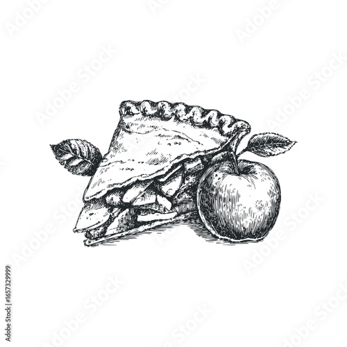 Sketch of a delicious apple pie slice with a whole apple and leaves