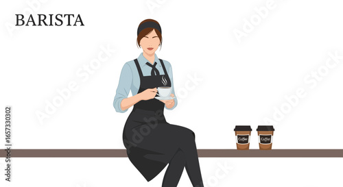 A charming barista enjoying a moment with coffee and takeaway cups