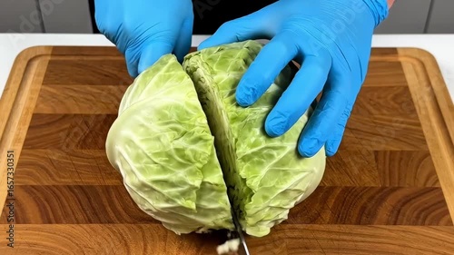 close up of cabbage being cut on the table