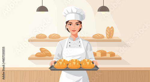 A welcoming bakery scene with fresh bread and a friendly baker, bakery style