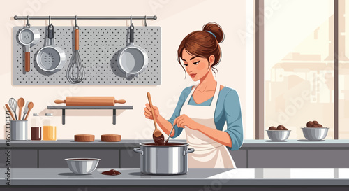 A Woman Stirs Chocolate in a Pot, Engaged in Confectionery Crafting