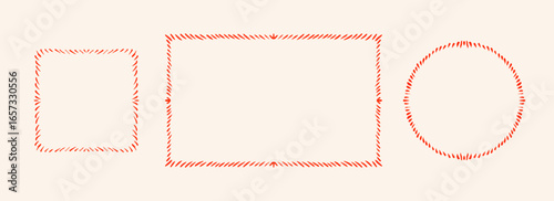 Hand drawn striped frame set. Red dashed edge border collection. Circle, rectangle and square doodled scalloped box bundle for invitation template, poster, banner. Sketched cadre pack. Vector