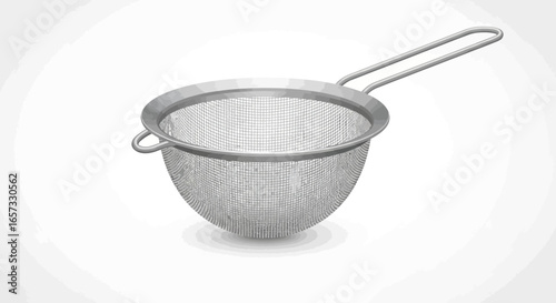 An illustrated metal kitchen strainer with ergonomic handle design on white