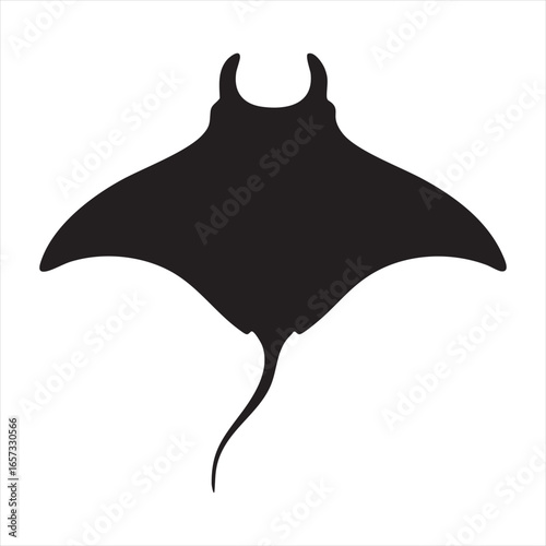 A stark black silhouette of a manta ray, its large pectoral fins spread wide, showcasing its distinctive shape and tail