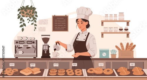 Artistic bakery interior scene featuring a barista preparing a coffee drink