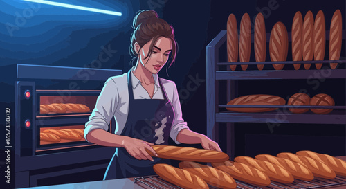 Artistic rendering of a baker arranging freshly baked bread in a professional bakery