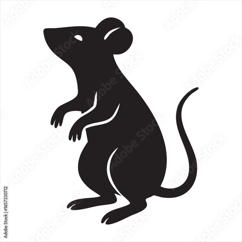 A stark black silhouette of a mouse standing on its hind legs, with a long tail. The silhouette style is a key feature
