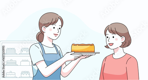 Baker presenting a cake slice to a customer in a charming confectionery shop