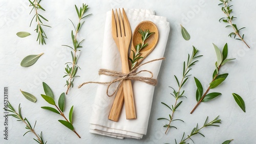 Rustic wooden cutlery tied with twine on a white napkin surrounded by fresh herbs