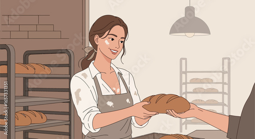 Cartoon illustration of a baker handing a loaf of bread to customer