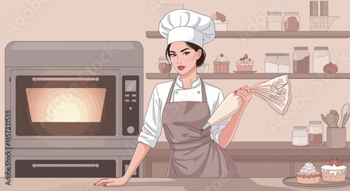 Charming baker decorates cakes in her vintage style kitchen with a smile
