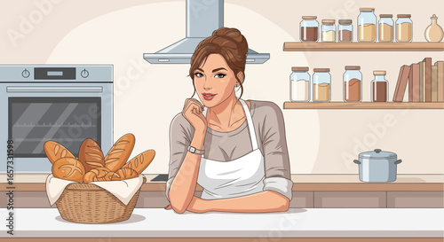Charming baker in a cozy kitchen illustration with bread and baking supplies
