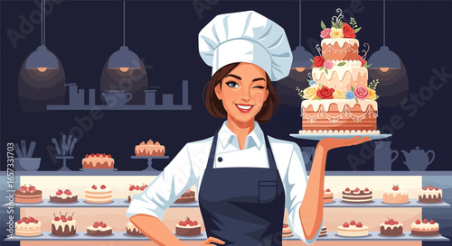 Charming baker presenting a beautifully decorated tiered cake with a wink